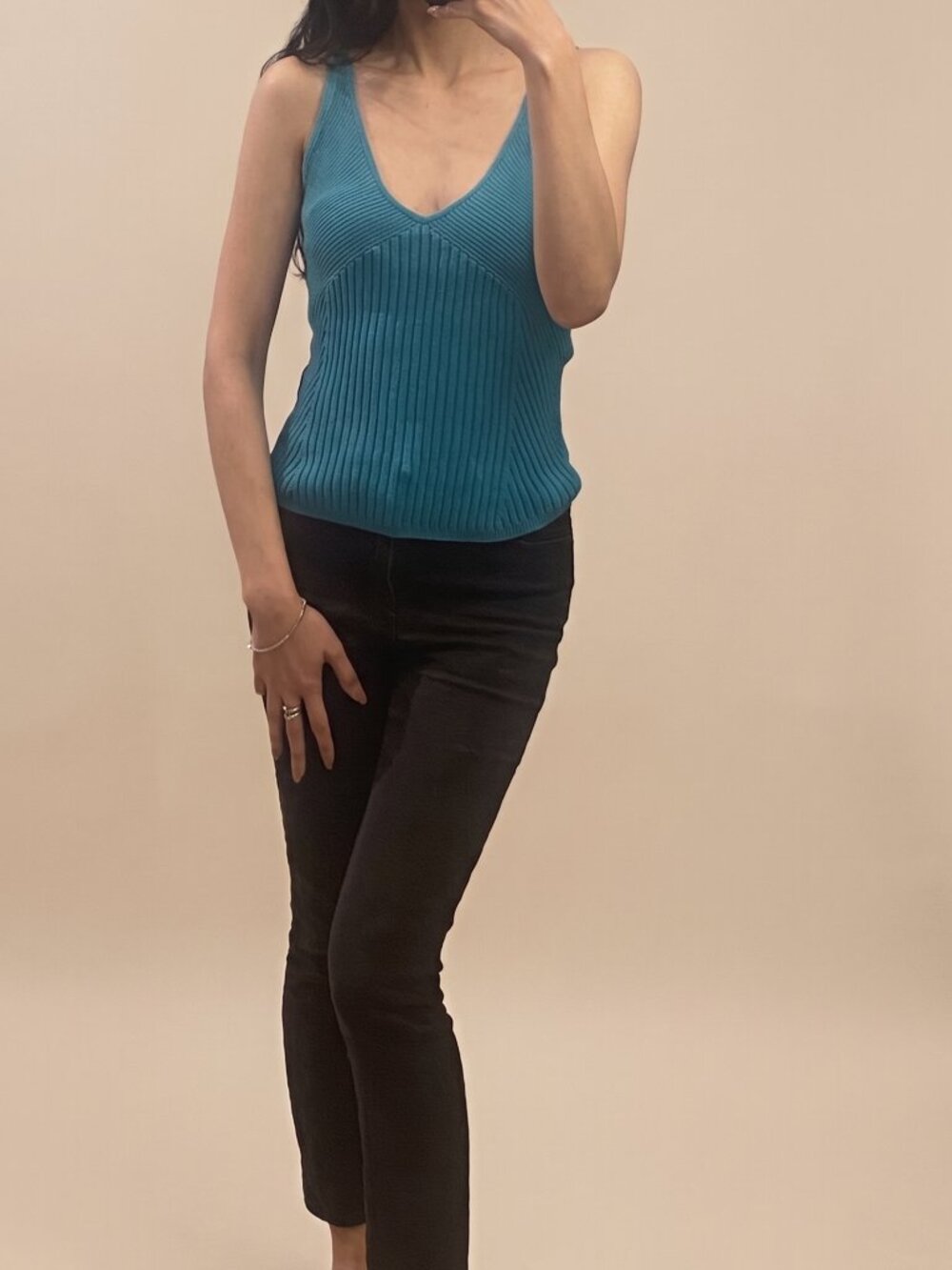 INC International Concepts Teal Ribbed Knit V-Neck Tank Top – Size M